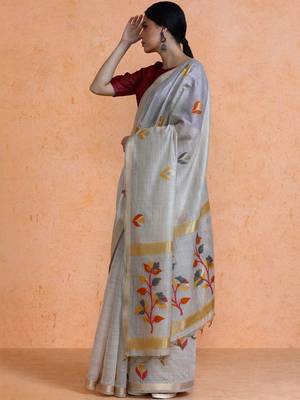 Grey woven design muga sarees with blouse piece 3