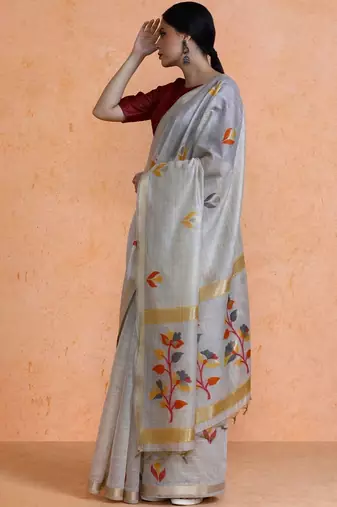 Grey woven design muga sarees with blouse piece