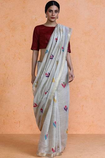 Grey woven design muga sarees with blouse piece