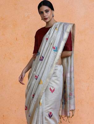 Grey woven design muga sarees with blouse piece 2