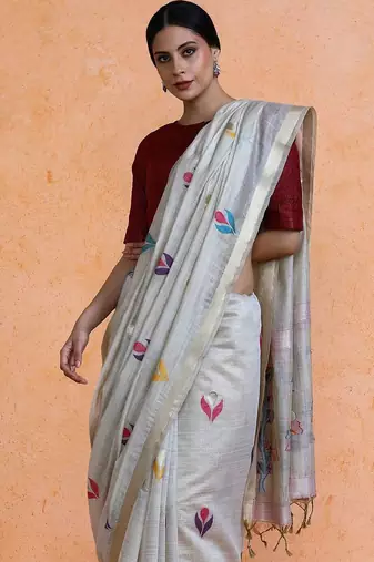 Grey woven design muga sarees with blouse piece