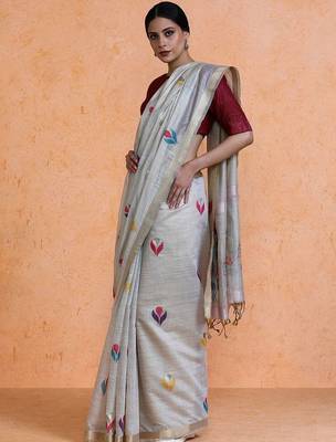 Grey woven design muga sarees with blouse piece 3