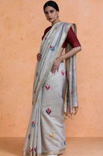 Grey woven design muga sarees with blouse piece