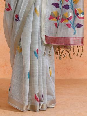 Grey woven design muga sarees with blouse piece 5