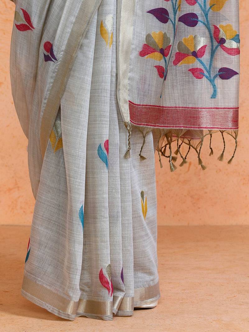 Grey woven design muga sarees with blouse piece