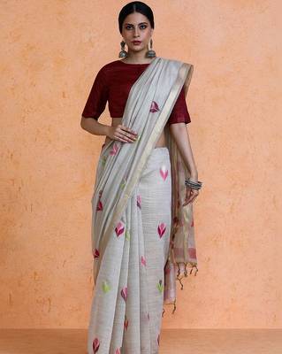 Grey woven design muga sarees with blouse piece 1