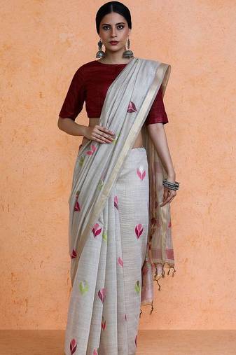 Grey woven design muga sarees with blouse piece