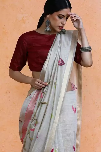 Grey woven design muga sarees with blouse piece