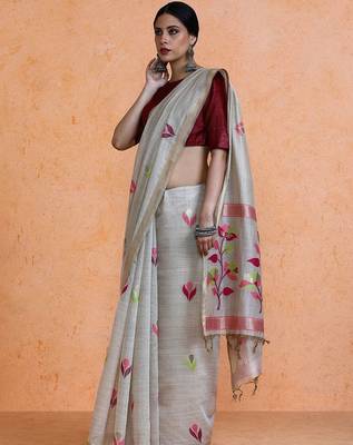 Grey woven design muga sarees with blouse piece 3