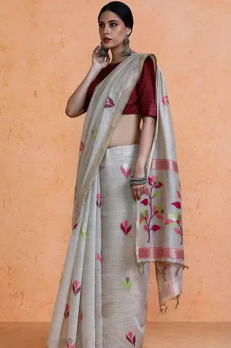 Grey woven design muga sarees with blouse piece