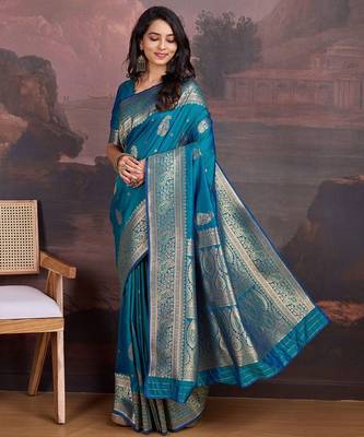 Turquoise woven design sarees 1