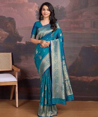 Turquoise woven design sarees 4