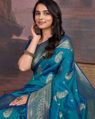 Turquoise woven design sarees 5