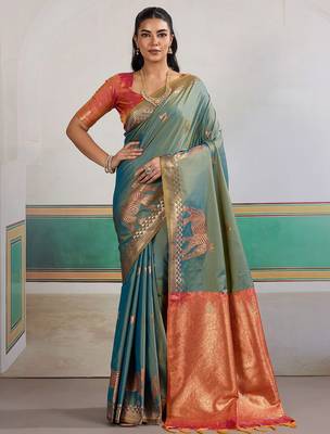 Blue ethnic motifs woven design zari banarasi saree 1