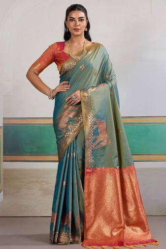 Blue ethnic motifs woven design zari banarasi saree