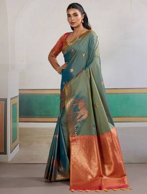 Blue ethnic motifs woven design zari banarasi saree 2