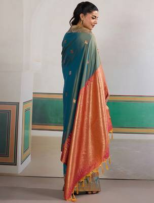 Blue ethnic motifs woven design zari banarasi saree 3