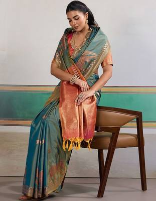 Blue ethnic motifs woven design zari banarasi saree 4