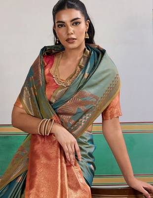 Blue ethnic motifs woven design zari banarasi saree 5