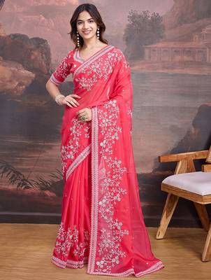 Pink floral embroidered saree with blouse 1