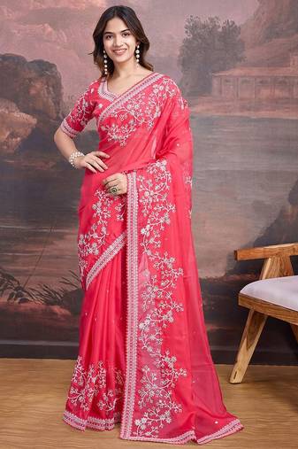 Pink floral embroidered saree with blouse