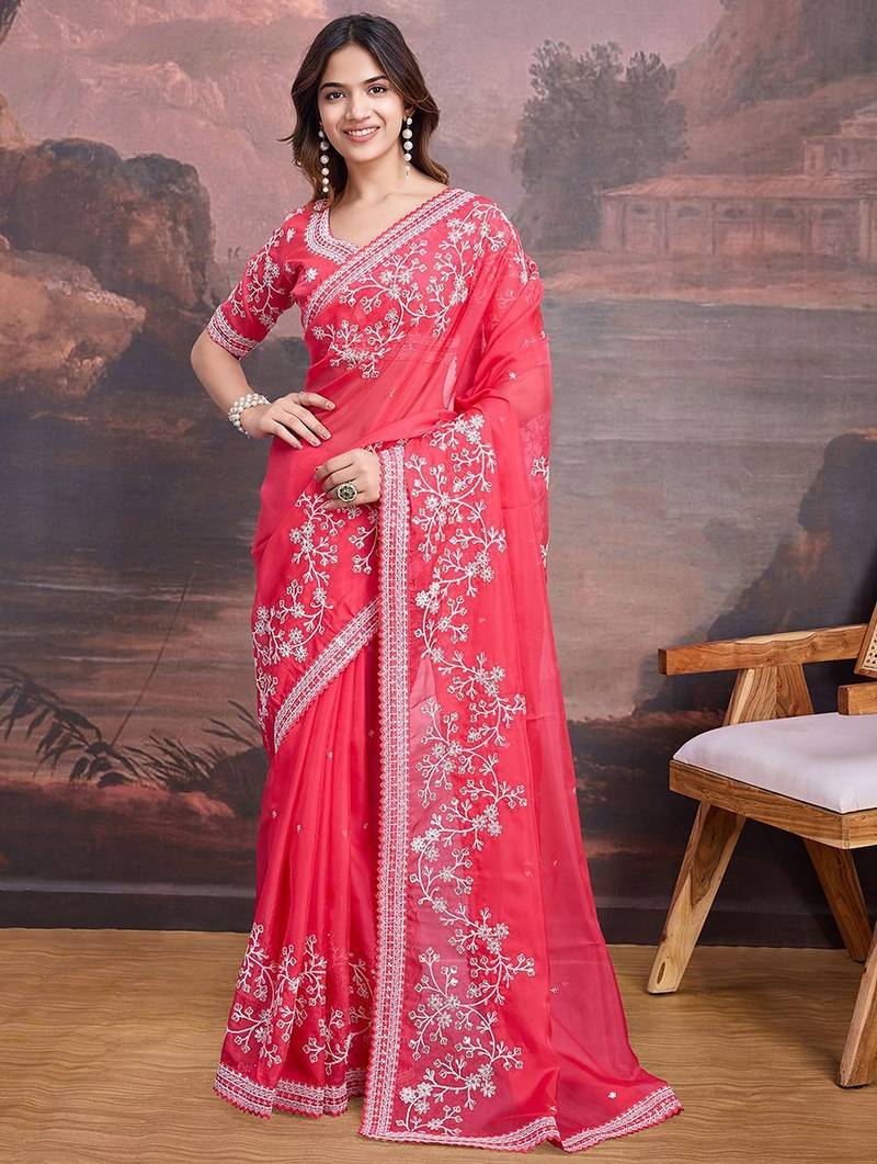 Pink floral embroidered saree with blouse