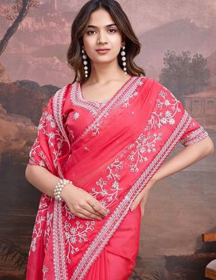 Pink floral embroidered saree with blouse 2