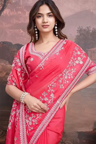 Pink floral embroidered saree with blouse