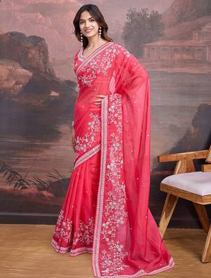 Pink floral embroidered saree with blouse 3