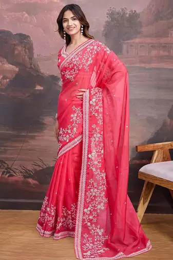 Pink floral embroidered saree with blouse