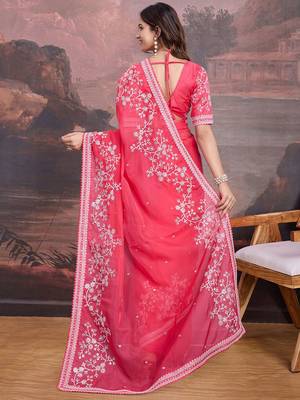 Pink floral embroidered saree with blouse 4