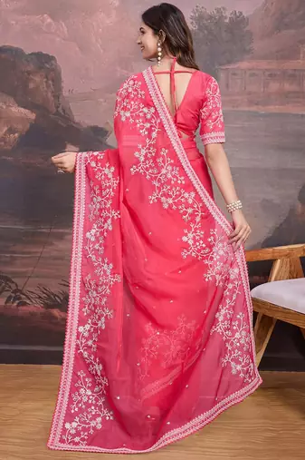 Pink floral embroidered saree with blouse