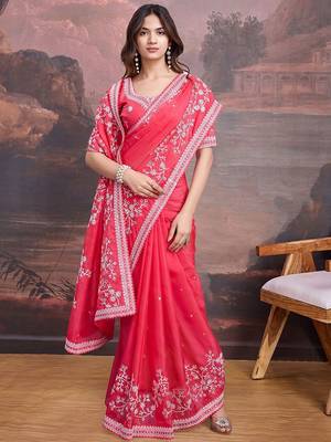 Pink floral embroidered saree with blouse 5