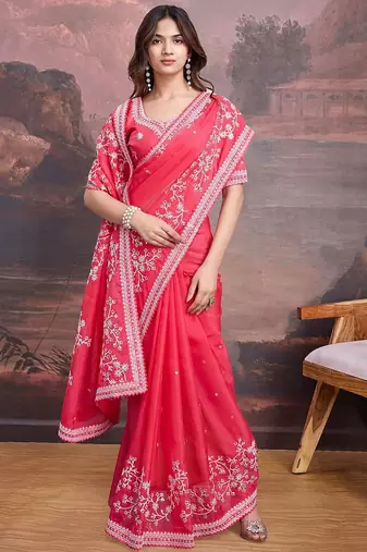 Pink floral embroidered saree with blouse