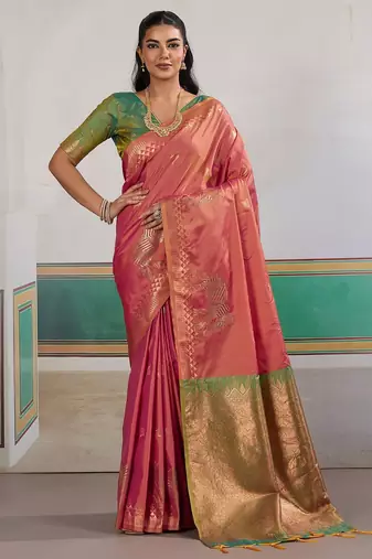 Pink ethnic motifs woven design zari banarasi saree with unstitched blouse