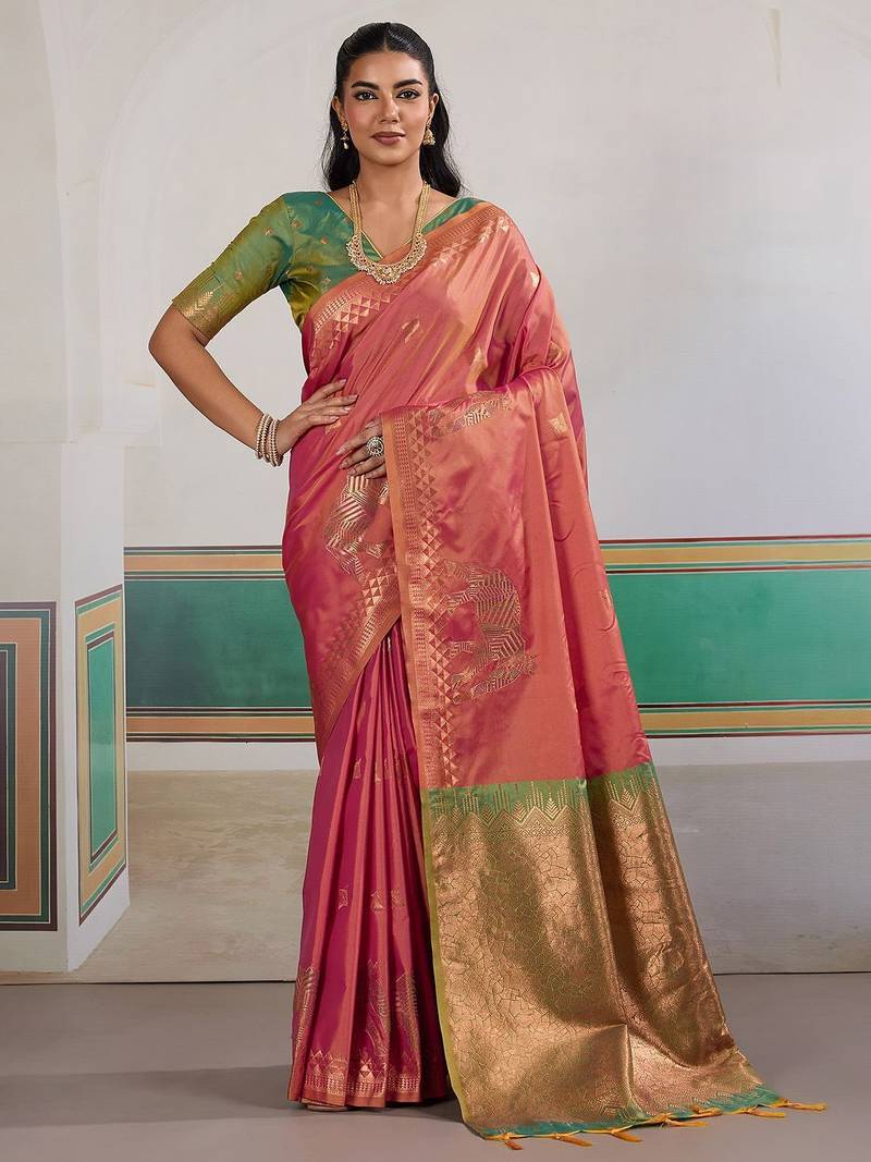 Pink ethnic motifs woven design zari banarasi saree with unstitched blouse