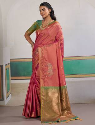 Pink ethnic motifs woven design zari banarasi saree with unstitched blouse 2