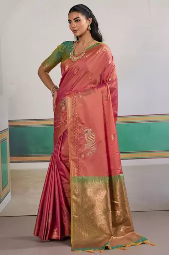Pink ethnic motifs woven design zari banarasi saree with unstitched blouse
