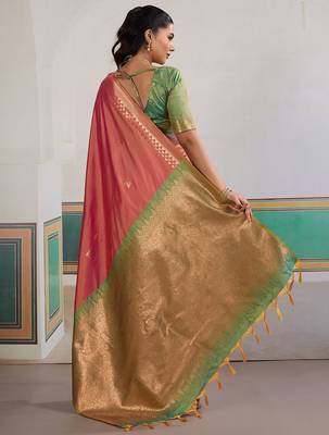 Pink ethnic motifs woven design zari banarasi saree with unstitched blouse 3