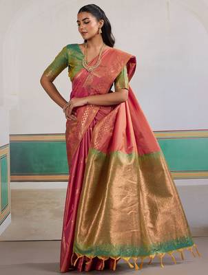 Pink ethnic motifs woven design zari banarasi saree with unstitched blouse 4