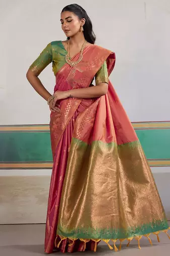 Pink ethnic motifs woven design zari banarasi saree with unstitched blouse