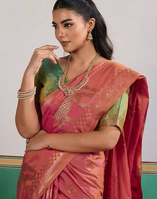 Pink ethnic motifs woven design zari banarasi saree with unstitched blouse 5