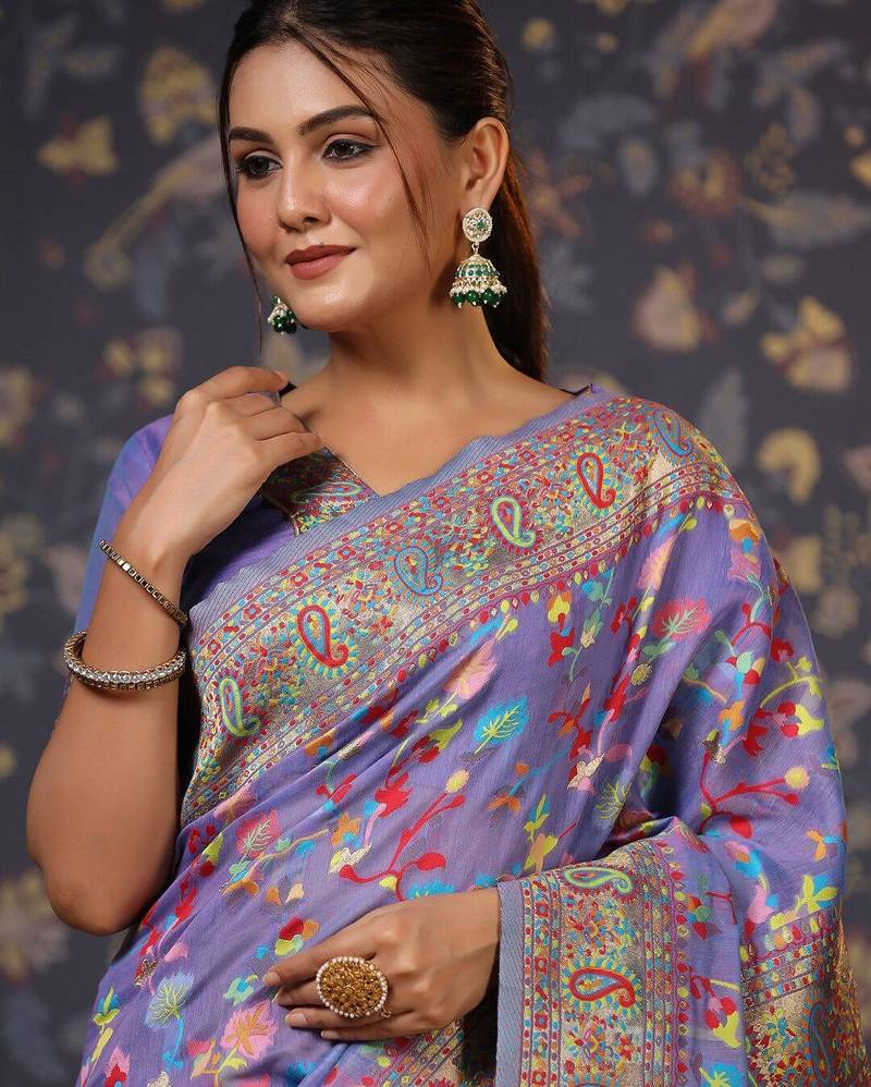 Lavender floral woven design zari banarasi saree