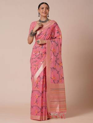 Pink ethnic motif woven design banarasi silk saree 1