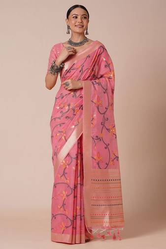 Pink ethnic motif woven design banarasi silk saree