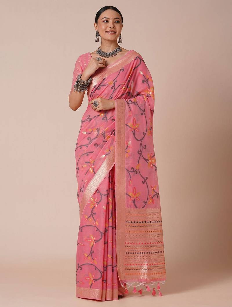 Pink ethnic motif woven design banarasi silk saree