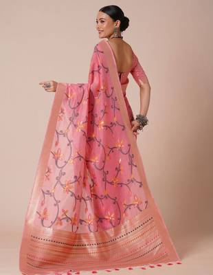Pink ethnic motif woven design banarasi silk saree 2