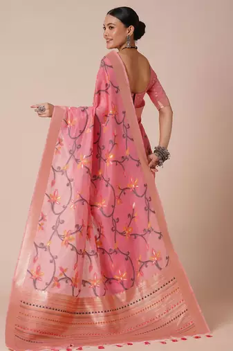 Pink ethnic motif woven design banarasi silk saree