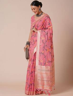 Pink ethnic motif woven design banarasi silk saree 3