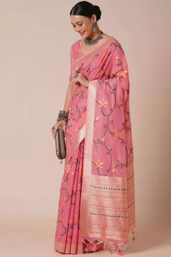 Pink ethnic motif woven design banarasi silk saree